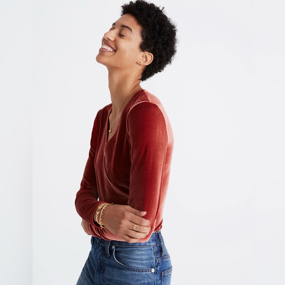 Madewell Rusty Orange Long Sleeve Velvet Wrap Bodysuit, Sz S - Picture 3 of 15